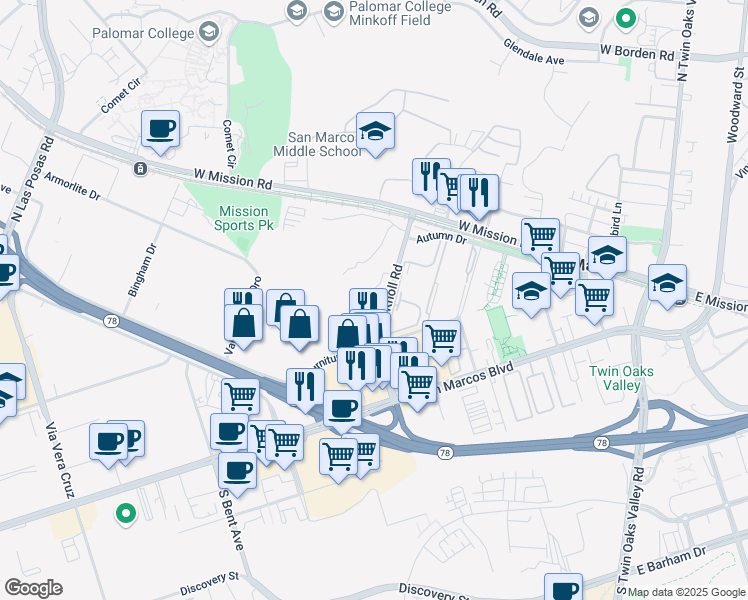 map of restaurants, bars, coffee shops, grocery stores, and more near 250 Knoll Road in San Marcos