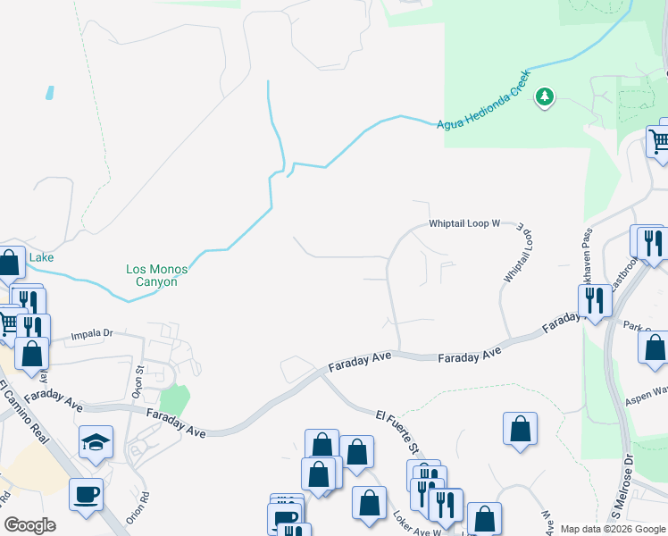 map of restaurants, bars, coffee shops, grocery stores, and more near 2810 Whiptail Loop West in Carlsbad
