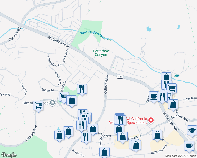 map of restaurants, bars, coffee shops, grocery stores, and more near 5422 Kipling Lane in Carlsbad