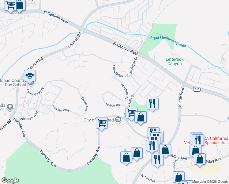 map of restaurants, bars, coffee shops, grocery stores, and more near 2314 Masters Road in Carlsbad