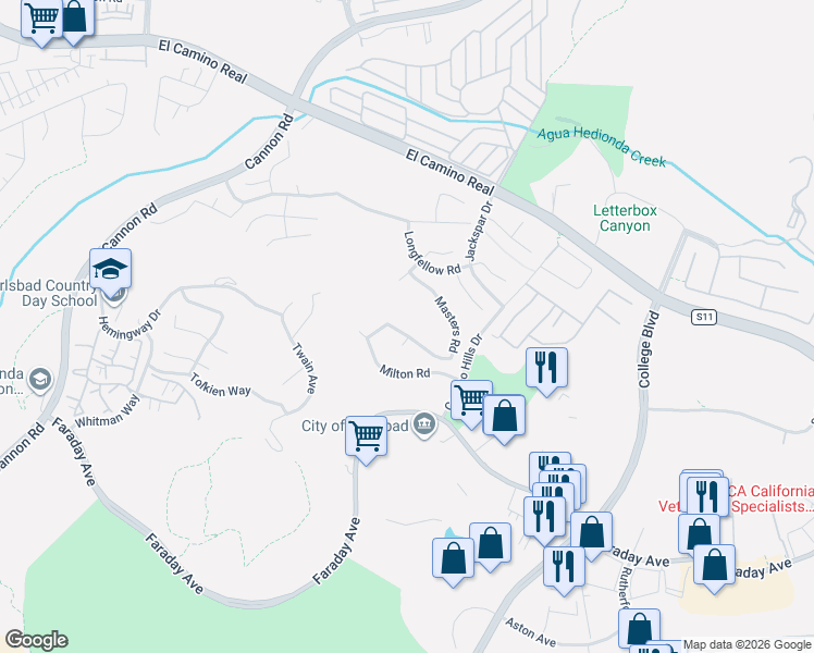 map of restaurants, bars, coffee shops, grocery stores, and more near 2314 Masters Road in Carlsbad