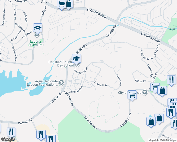 map of restaurants, bars, coffee shops, grocery stores, and more near 5113 Steinbeck Court in Carlsbad