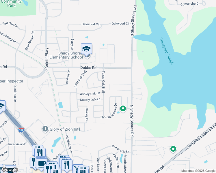 map of restaurants, bars, coffee shops, grocery stores, and more near 772 Texas Oak Trail in Lake Dallas