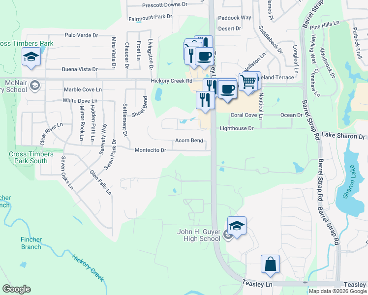 map of restaurants, bars, coffee shops, grocery stores, and more near 2304 Acorn Bend in Denton