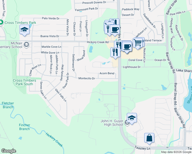 map of restaurants, bars, coffee shops, grocery stores, and more near 2304 Acorn Bend in Denton