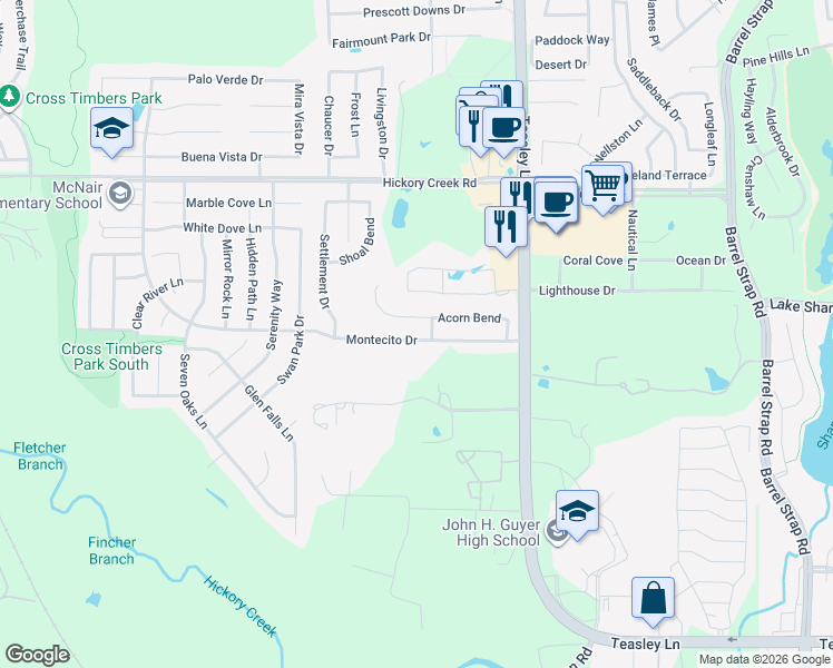 map of restaurants, bars, coffee shops, grocery stores, and more near 2204 Acorn Bend in Denton
