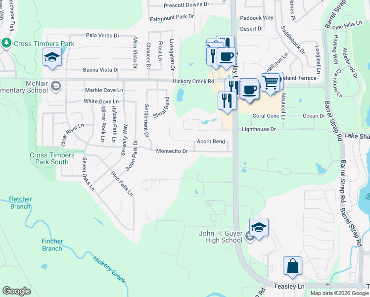 map of restaurants, bars, coffee shops, grocery stores, and more near 2204 Acorn Bend in Denton