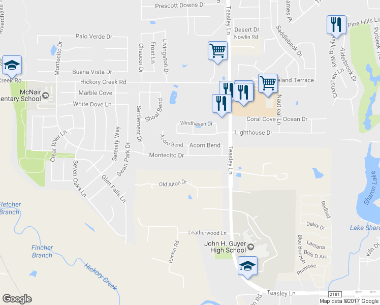 map of restaurants, bars, coffee shops, grocery stores, and more near 8201 Montecito Drive in Denton