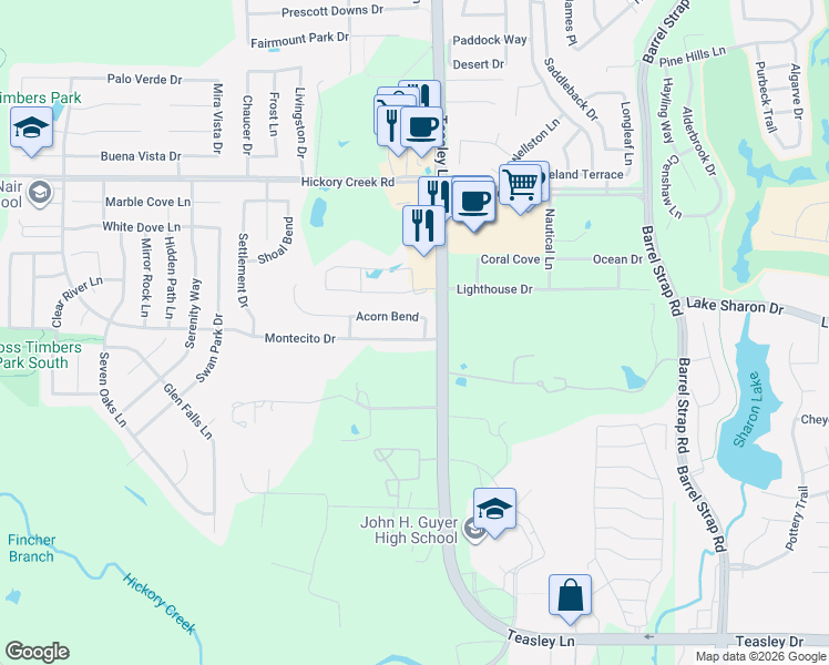 map of restaurants, bars, coffee shops, grocery stores, and more near 2408 Acorn Bend in Denton