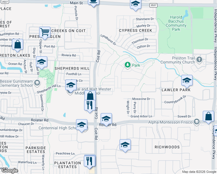 map of restaurants, bars, coffee shops, grocery stores, and more near 12848 Shepherds Hill Lane in Frisco