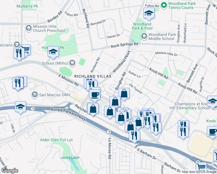 map of restaurants, bars, coffee shops, grocery stores, and more near 260 Candera Lane in San Marcos