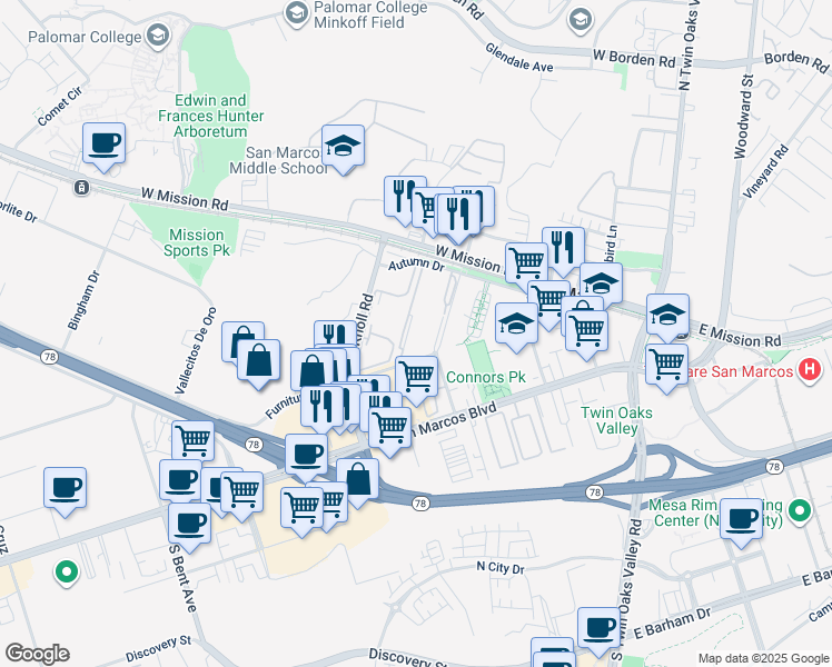 map of restaurants, bars, coffee shops, grocery stores, and more near 445 Autumn Drive in San Marcos