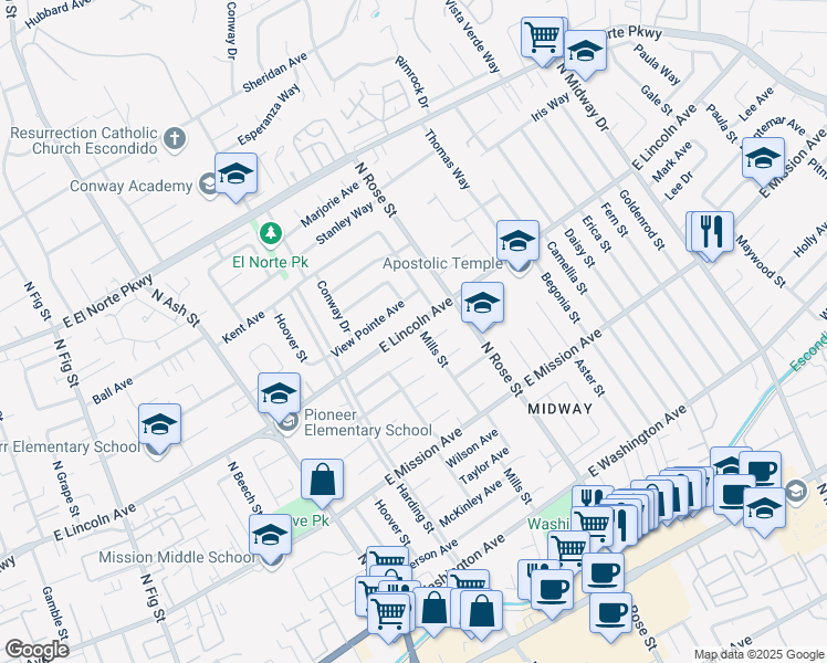 map of restaurants, bars, coffee shops, grocery stores, and more near 993 Mills Street in Escondido