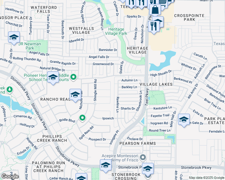 map of restaurants, bars, coffee shops, grocery stores, and more near 7637 Big Buckle Drive in Frisco