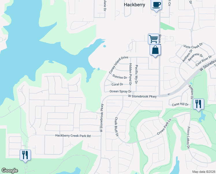 map of restaurants, bars, coffee shops, grocery stores, and more near 12308 Coral Drive in Frisco