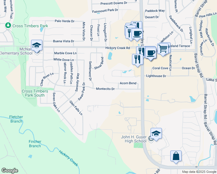 map of restaurants, bars, coffee shops, grocery stores, and more near 8113 Montecito Drive in Denton