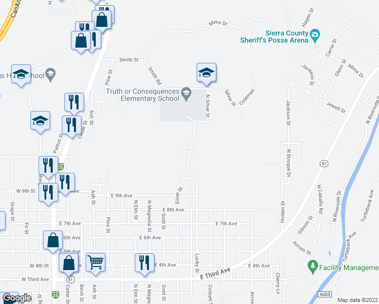 map of restaurants, bars, coffee shops, grocery stores, and more near Marie Street in Truth or Consequences