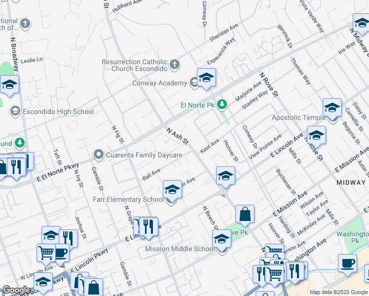 map of restaurants, bars, coffee shops, grocery stores, and more near 1220 Aristotle Glen in Escondido