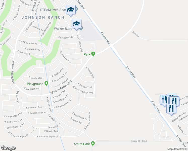 map of restaurants, bars, coffee shops, grocery stores, and more near 1227 East Saddle Way in Queen Creek