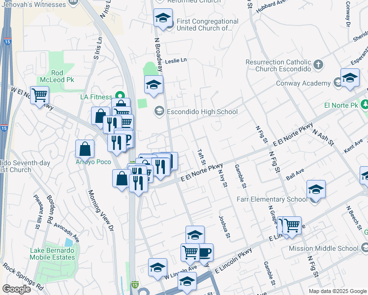 map of restaurants, bars, coffee shops, grocery stores, and more near 1404 North Broadway in Escondido