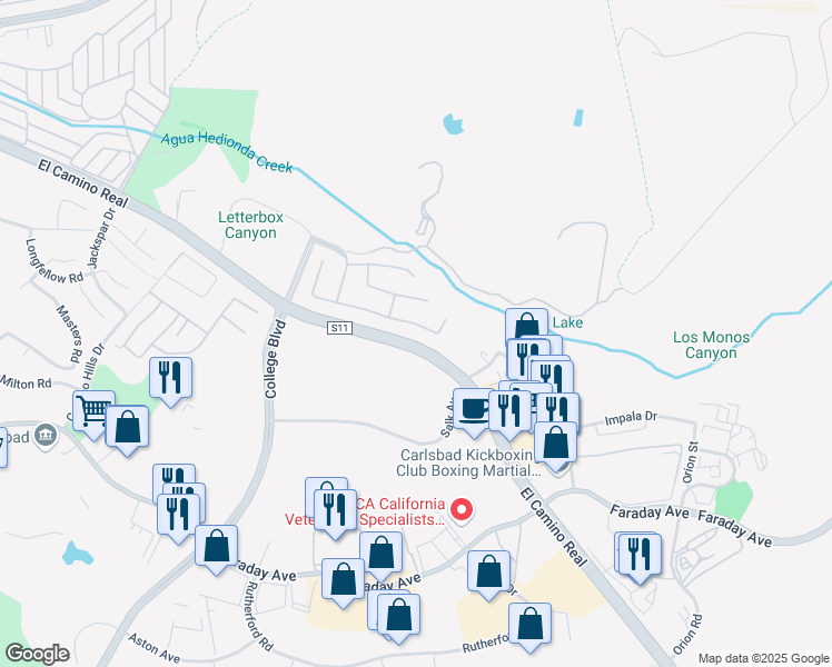 map of restaurants, bars, coffee shops, grocery stores, and more near 5600 Foxtail Loop in Carlsbad