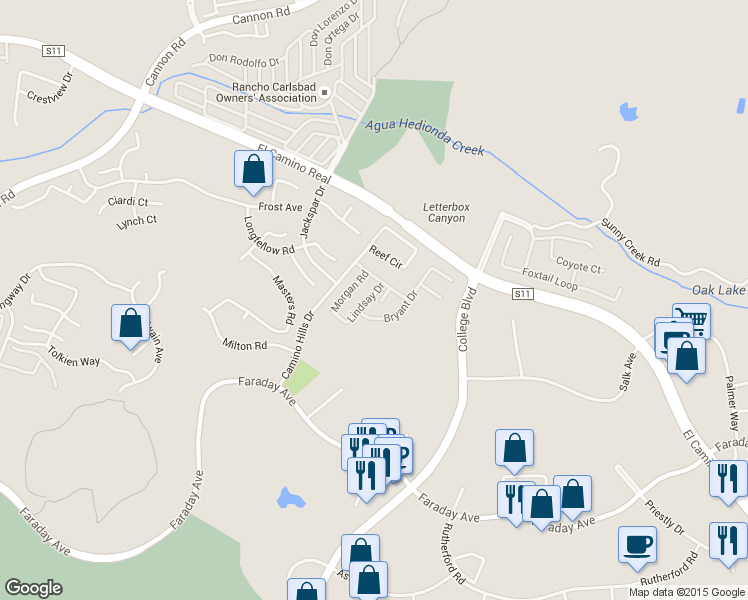 map of restaurants, bars, coffee shops, grocery stores, and more near 2292 Lindsay Drive in Carlsbad