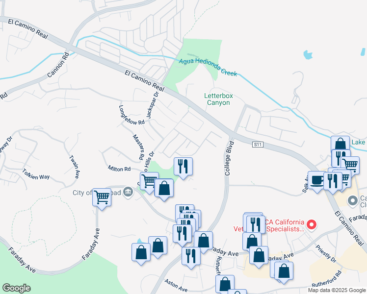 map of restaurants, bars, coffee shops, grocery stores, and more near 2292 Lindsay Drive in Carlsbad
