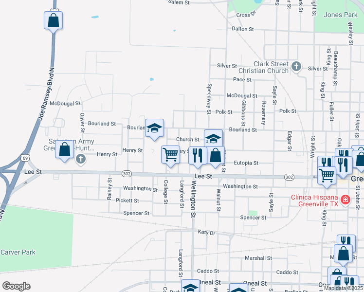 map of restaurants, bars, coffee shops, grocery stores, and more near 2107 Langford Street in Greenville