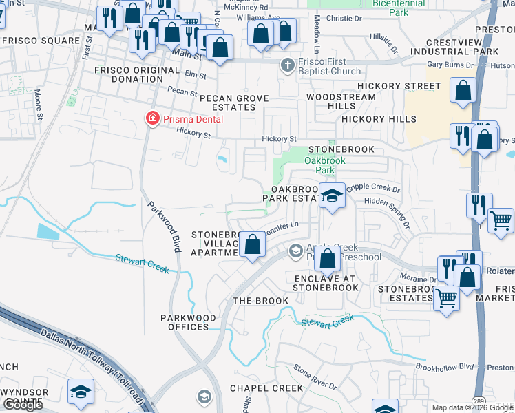map of restaurants, bars, coffee shops, grocery stores, and more near 7628 Brookview Drive in Frisco
