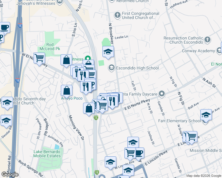 map of restaurants, bars, coffee shops, grocery stores, and more near in Escondido