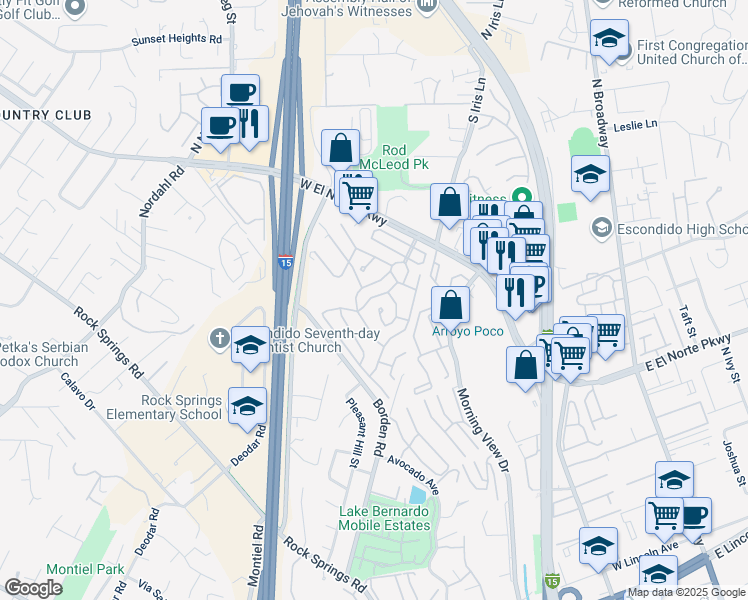 map of restaurants, bars, coffee shops, grocery stores, and more near 525 West El Norte Parkway in Escondido