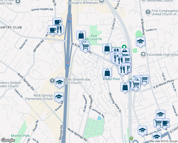 map of restaurants, bars, coffee shops, grocery stores, and more near 525 West El Norte Parkway in Escondido