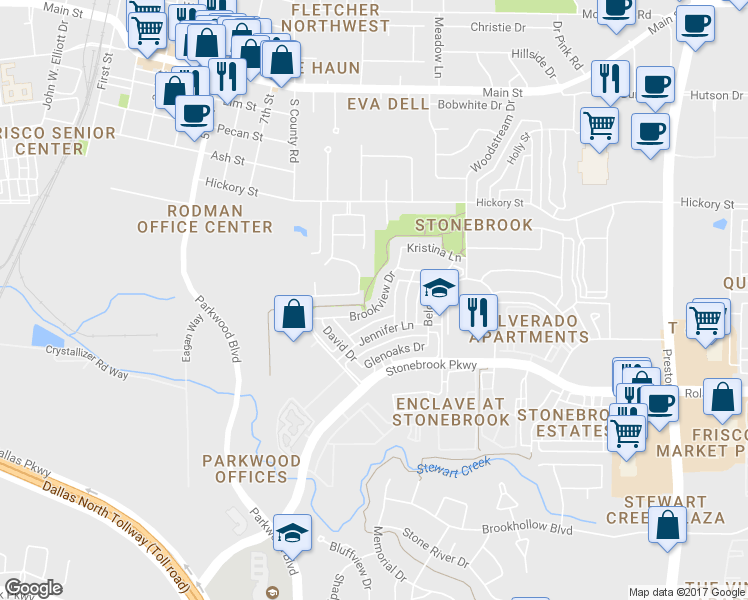 map of restaurants, bars, coffee shops, grocery stores, and more near 7628 Brookview Drive in Frisco
