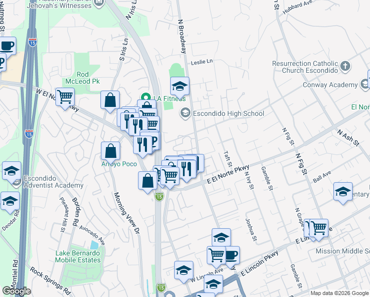 map of restaurants, bars, coffee shops, grocery stores, and more near 1463 North Broadway in Escondido