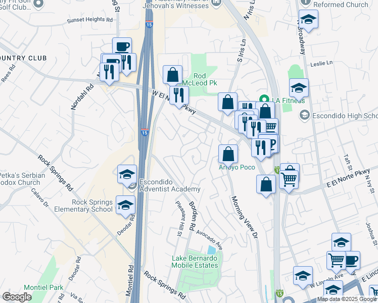map of restaurants, bars, coffee shops, grocery stores, and more near 525 West El Norte Parkway in Escondido