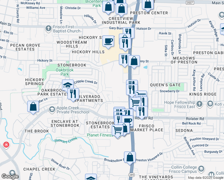 map of restaurants, bars, coffee shops, grocery stores, and more near 8625 Hickory Street in Frisco