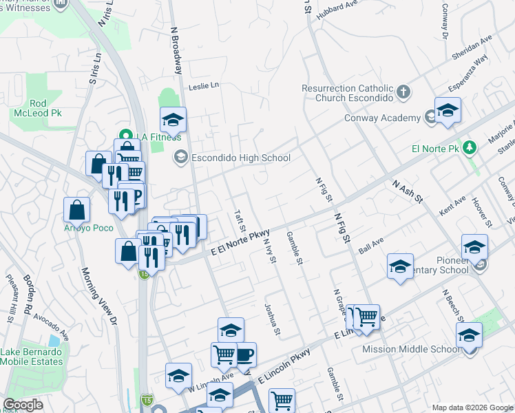 map of restaurants, bars, coffee shops, grocery stores, and more near 441 Terrace Avenue in Escondido