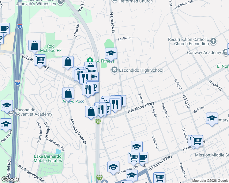 map of restaurants, bars, coffee shops, grocery stores, and more near 1463 North Broadway in Escondido