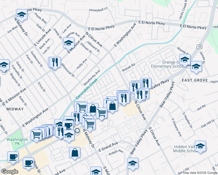 map of restaurants, bars, coffee shops, grocery stores, and more near 2300 East Valley Parkway in Escondido