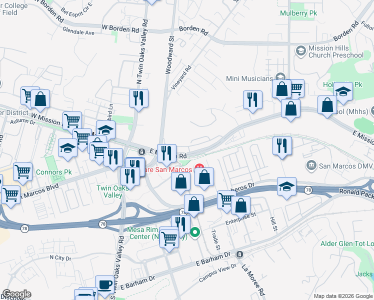 map of restaurants, bars, coffee shops, grocery stores, and more near 315 Mission Villas Road in San Marcos