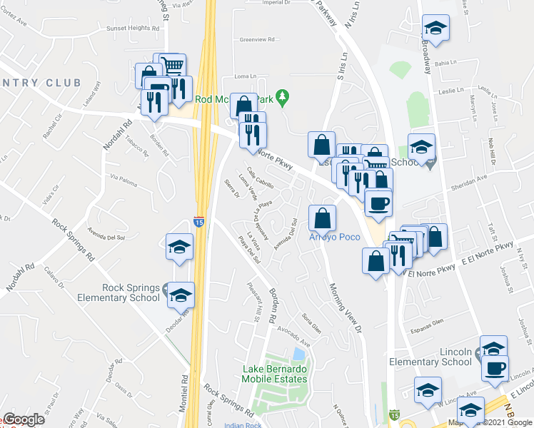map of restaurants, bars, coffee shops, grocery stores, and more near 525 West El Norte Parkway in Escondido