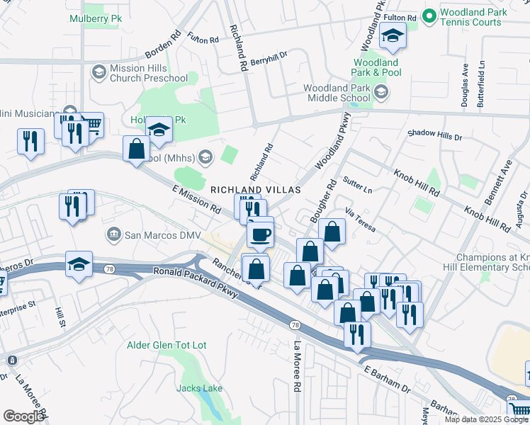 map of restaurants, bars, coffee shops, grocery stores, and more near 222 Woodland Parkway in San Marcos