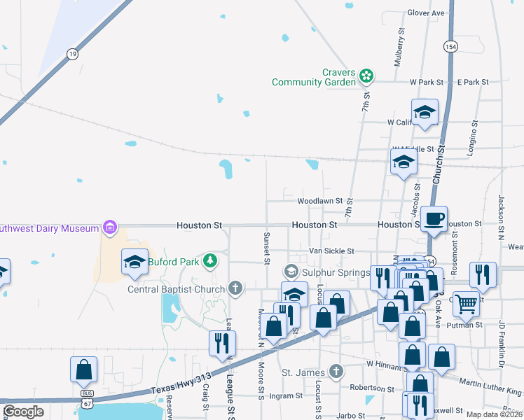 map of restaurants, bars, coffee shops, grocery stores, and more near 800 Sunset Street in Sulphur Springs