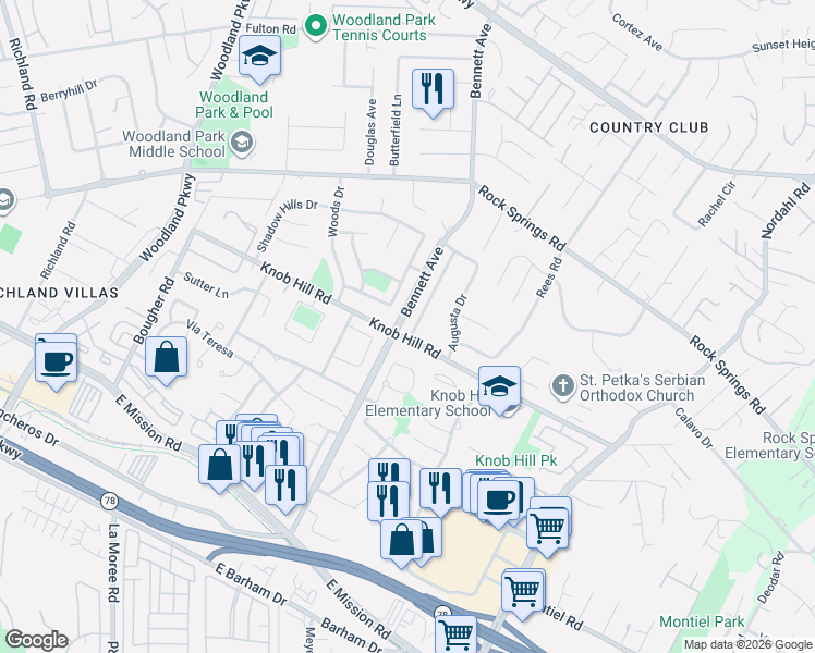 map of restaurants, bars, coffee shops, grocery stores, and more near 526 Tam O Shanter Drive in San Marcos