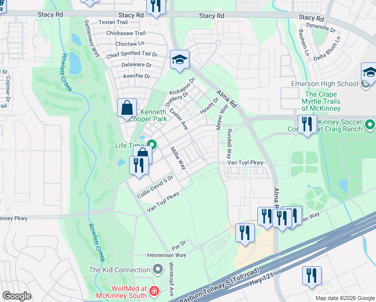 map of restaurants, bars, coffee shops, grocery stores, and more near 6208 Exeter Avenue in McKinney