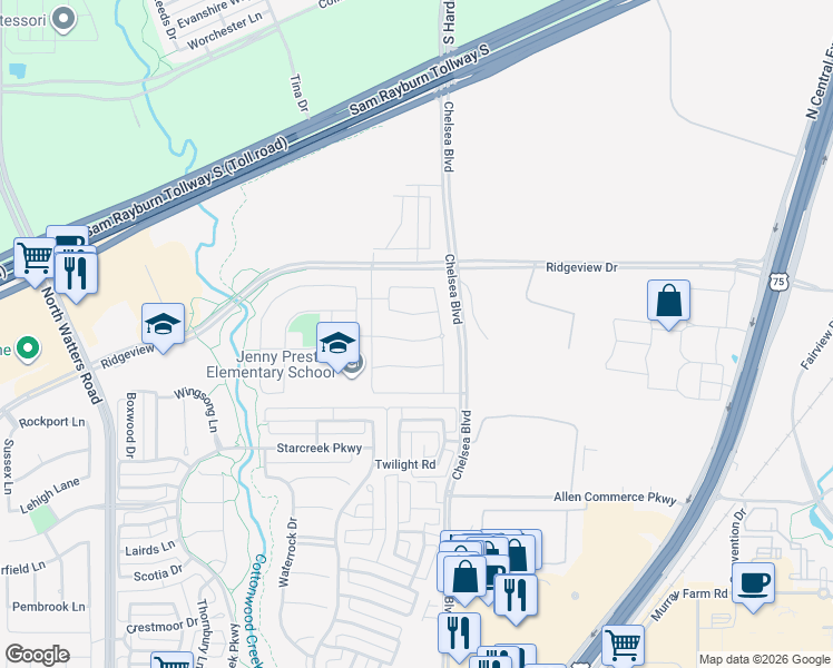 map of restaurants, bars, coffee shops, grocery stores, and more near 844 Tillman Drive in Allen