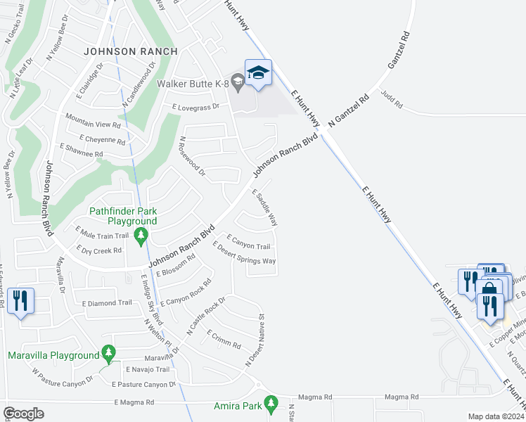 map of restaurants, bars, coffee shops, grocery stores, and more near 1227 East Saddle Way in Queen Creek