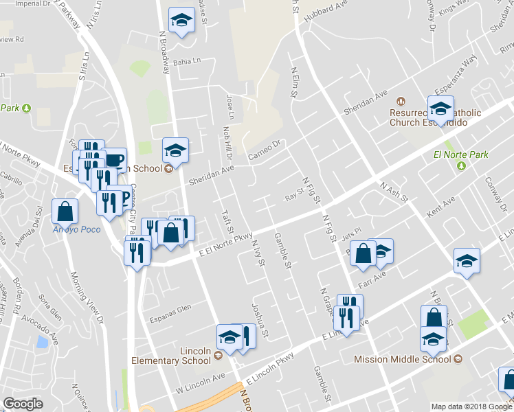 map of restaurants, bars, coffee shops, grocery stores, and more near 441 Terrace Avenue in Escondido