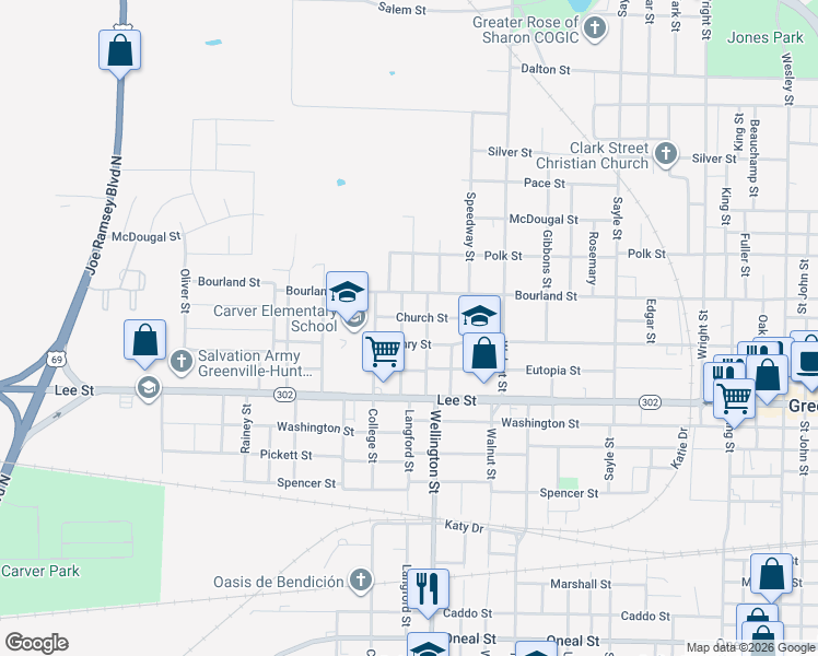 map of restaurants, bars, coffee shops, grocery stores, and more near 2105 Langford Street in Greenville