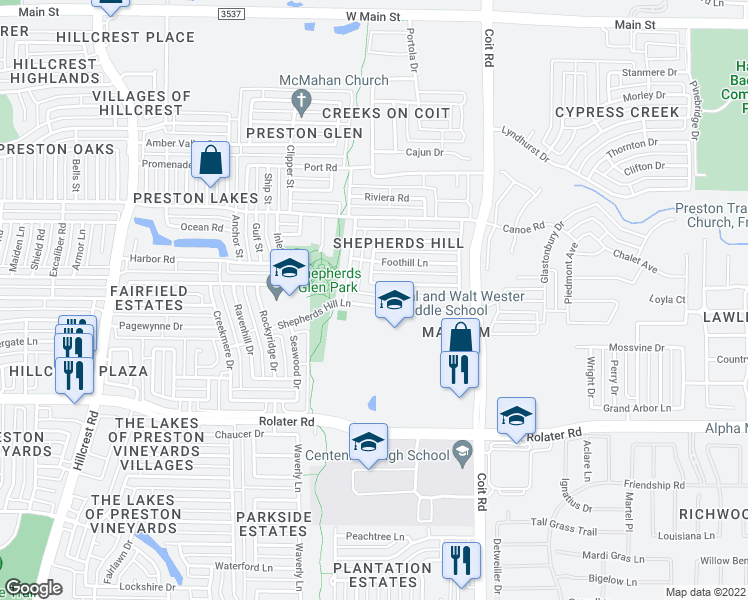 map of restaurants, bars, coffee shops, grocery stores, and more near 12174 Shepherds Hill Lane in Frisco